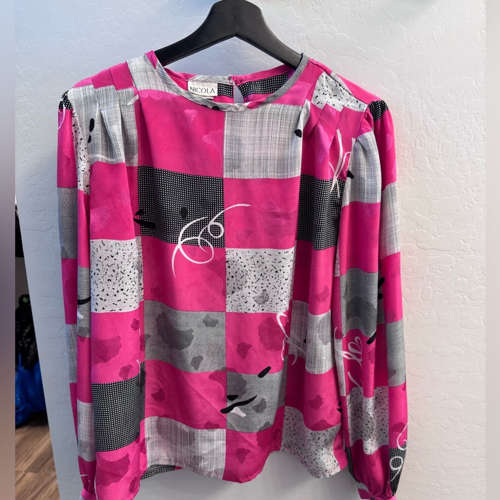 Nicola Pink and Gray/Black/White Checkered Blouse